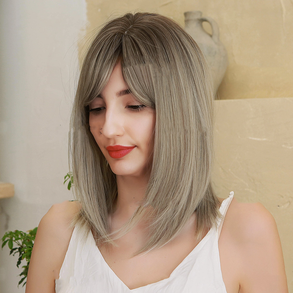 Wig, Eight-character Bangs, Gradient Golden High-grade Gray Medium Straight Hair photo 2