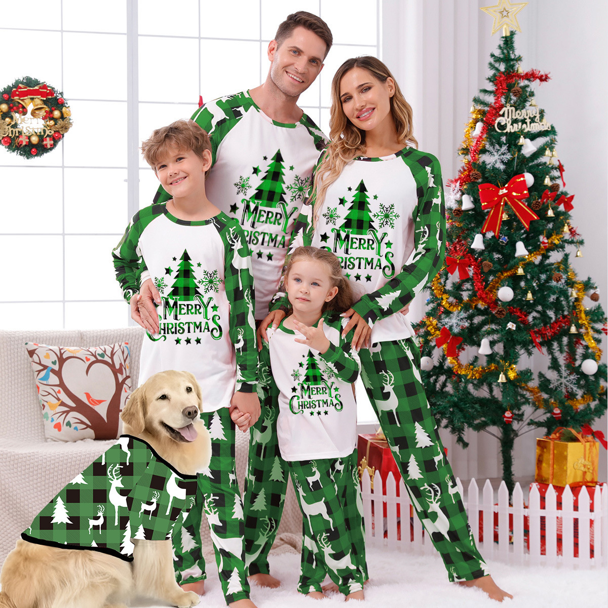 Parent-child Leisure Wear Set Plaid Stitching Printing Christmas photo 2