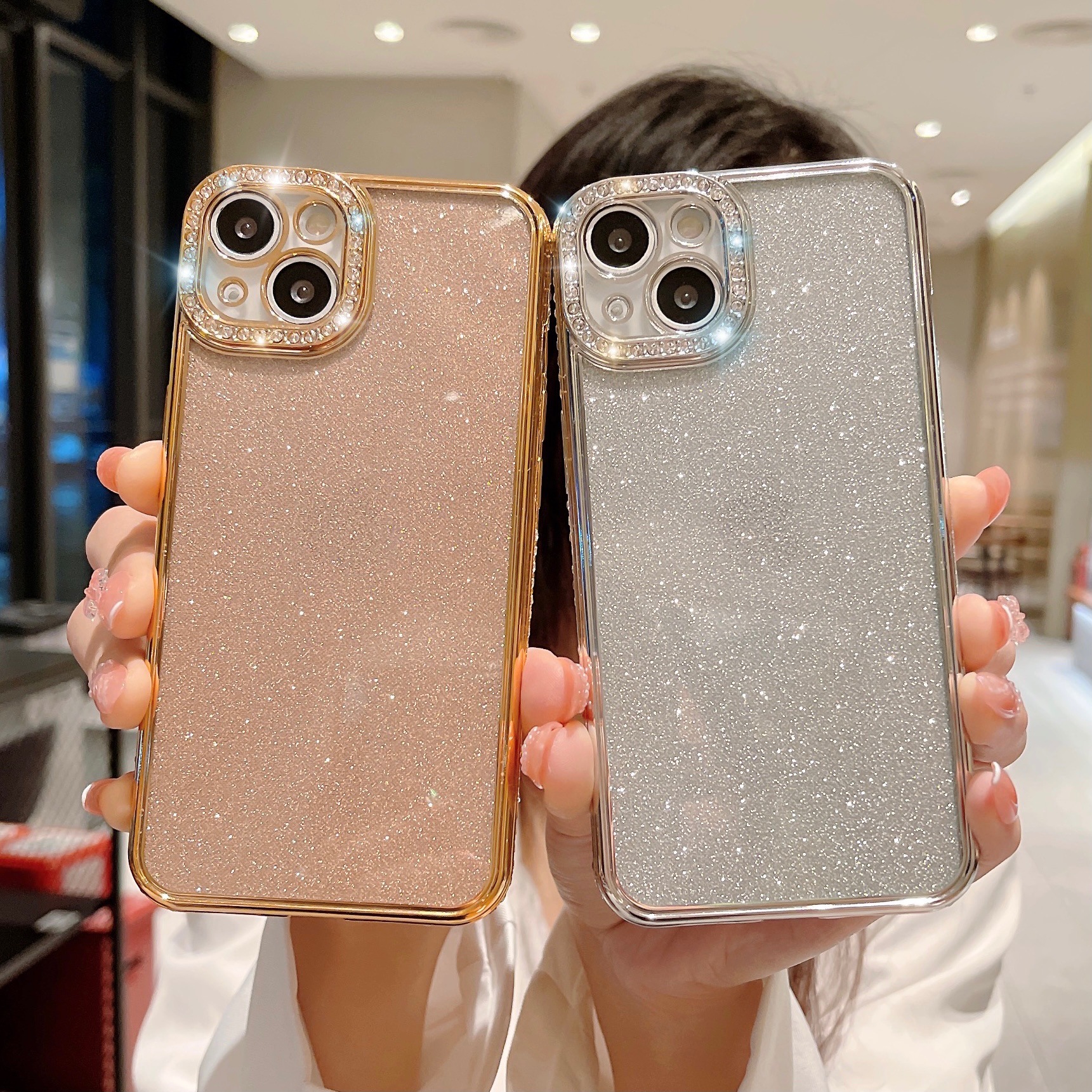 Glitter Rhinestone Electroplated Straight Edge Transparent Drop-resistant Protective Shell photo 1