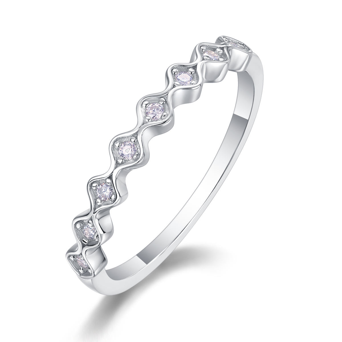 S925 Silver 1.4g Platinum Plated Moissanite Ring, 3.0mm Wavy 8pcs D VVS1 Curved Band, GRA Certified US 5-9 photo 6