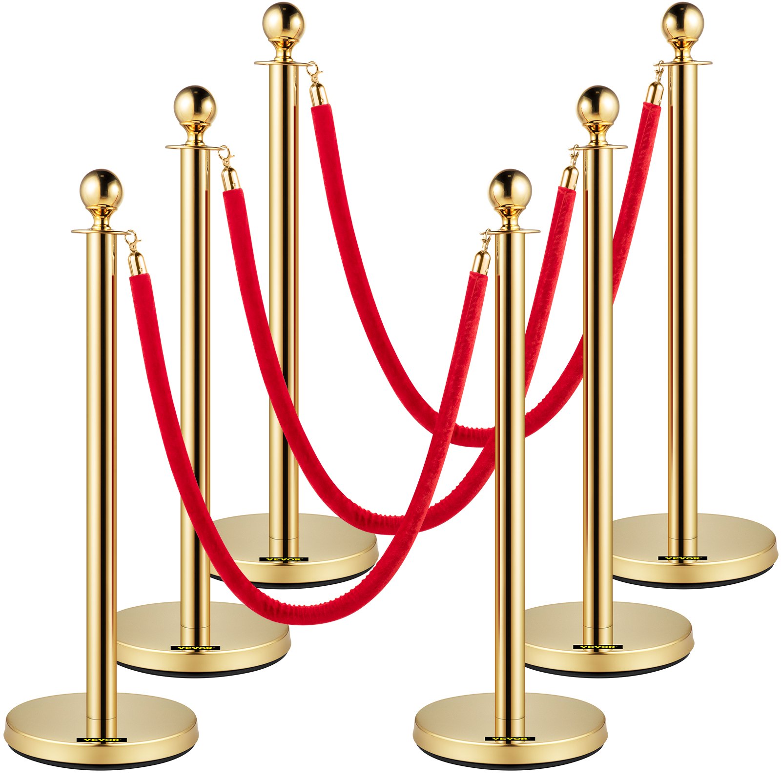 Velvet Ropes And Posts, 5 Ft-1.5 M Red Rope, Stainless Steel Gold Stanchion With Ball Top, Red Crowd Control Barrier Used For Theaters, Party, Wedding, Exhibition, Ticket Offices Pack Sets -6 photo 1