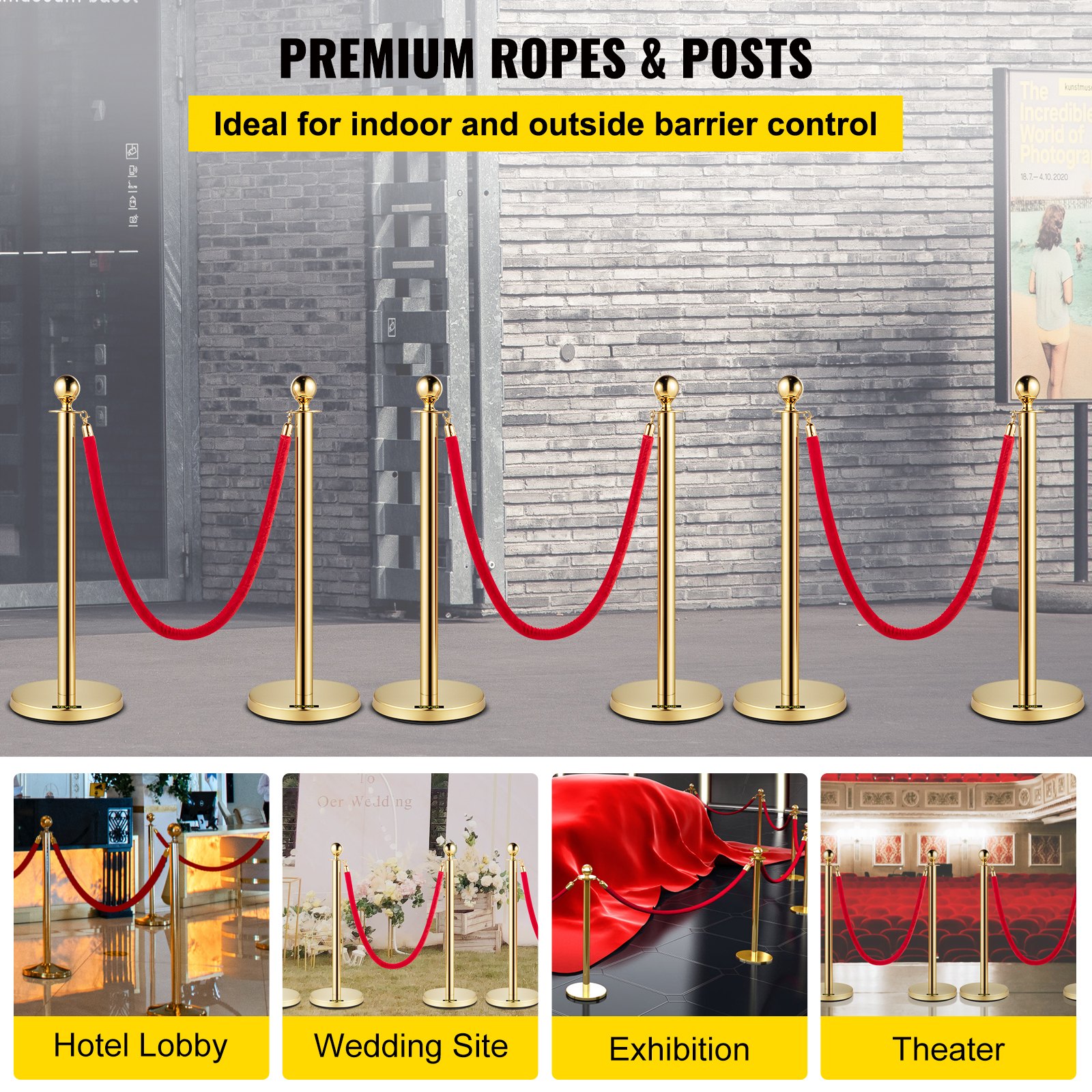 Velvet Ropes And Posts, 5 Ft-1.5 M Red Rope, Stainless Steel Gold Stanchion With Ball Top, Red Crowd Control Barrier Used For Theaters, Party, Wedding, Exhibition, Ticket Offices Pack Sets -6 photo 4