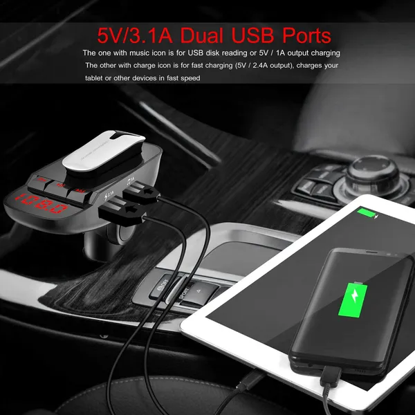 Car FM Transmitter W/ Wireless Earpiece 2 USB Charge Ports Hands-free Call MP3 Player photo 4