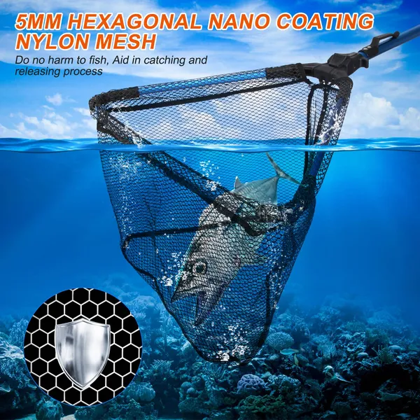 Foldable Fishing Net With Aluminum Alloy Rod EVA Handle Durable 5MM Hexagonal Nano Coating Nylon Mesh Collapsible Landing Net Safe Fish Catching Or Releasing photo 6