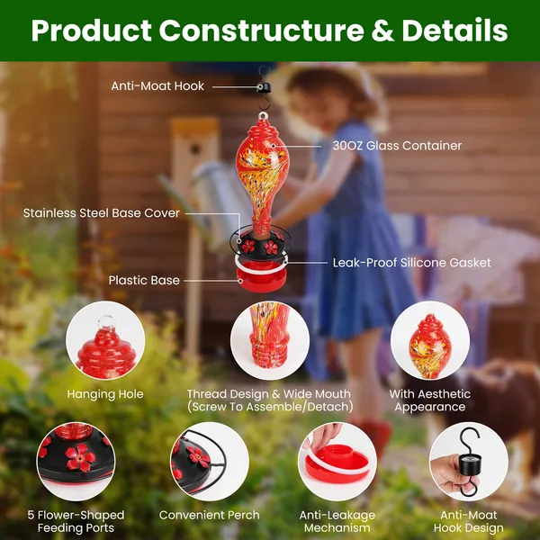 Glass Hummingbird Feeder 33OZ Hand Blown Hummingbird Feeder With 5 Flower Feeding Port Perch Ant Moat Hanging Hook S Hook Hemp Rope Cleaning Brush For Garden Backyard Decor photo 2