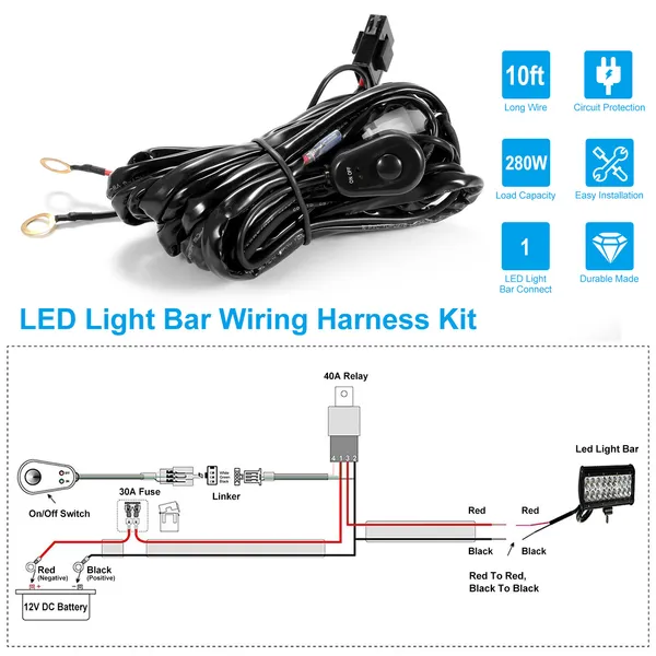 LED Light Bar Wiring Harness Kit 280W 12V 40A Power Relay Fuse On Off Switch 10ft Length Universal Fitment Light Bar Accessories photo 4
