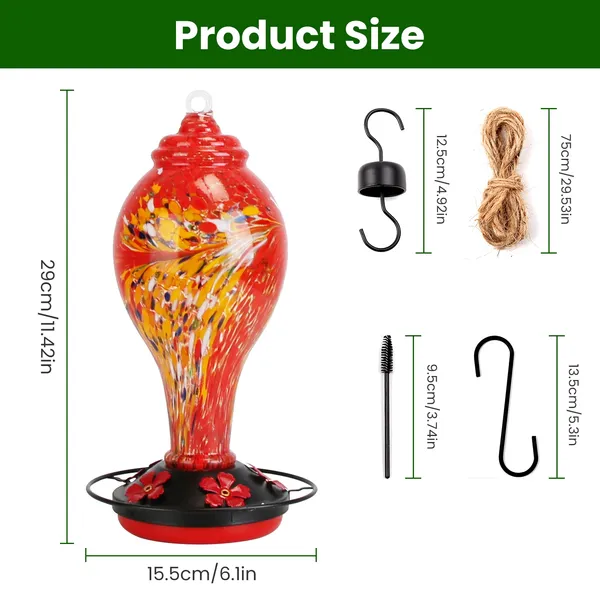 Glass Hummingbird Feeder 33OZ Hand Blown Hummingbird Feeder With 5 Flower Feeding Port Perch Ant Moat Hanging Hook S Hook Hemp Rope Cleaning Brush For Garden Backyard Decor photo 4