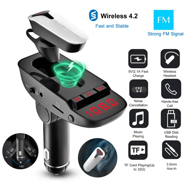 Car FM Transmitter W/ Wireless Earpiece 2 USB Charge Ports Hands-free Call MP3 Player photo 1