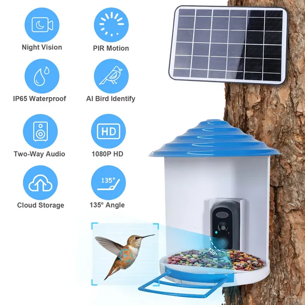 Smart Bird Feeder With Solar Powered Camera 1080P HD AI Identify PIR Motion Auto Capture Video Cloud Card Storage WiFi Connection App Control IP65 Waterproof photo 1