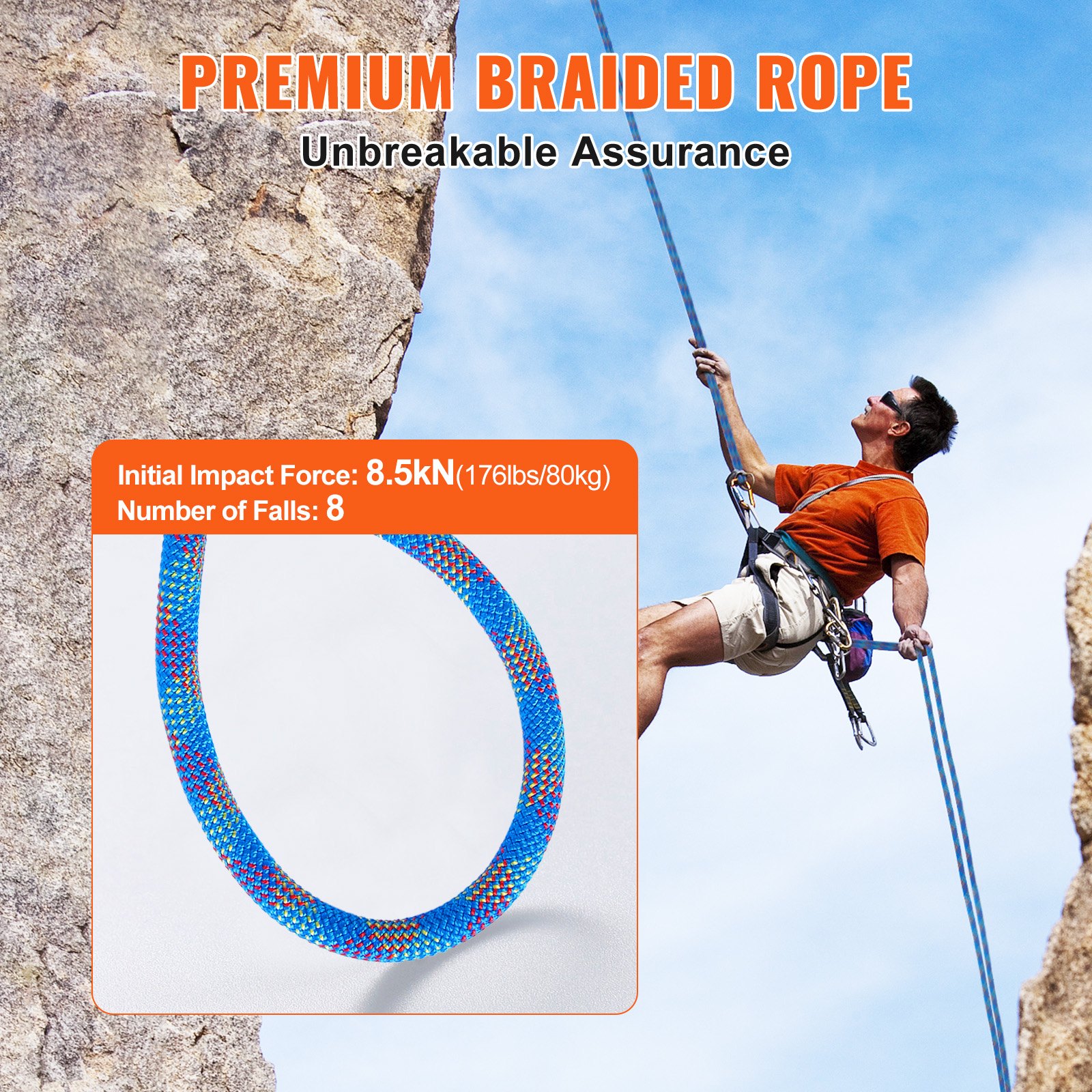 10.2mm Dynamic Climbing Rope, 60M(197ft) Outdoor Rock Climbing Rope 25KN Breaking Tension, Stretchable Fiber Rope With Steel Snap Hooks For Escape, Rappelling, Fire Rescue, Blue photo 2