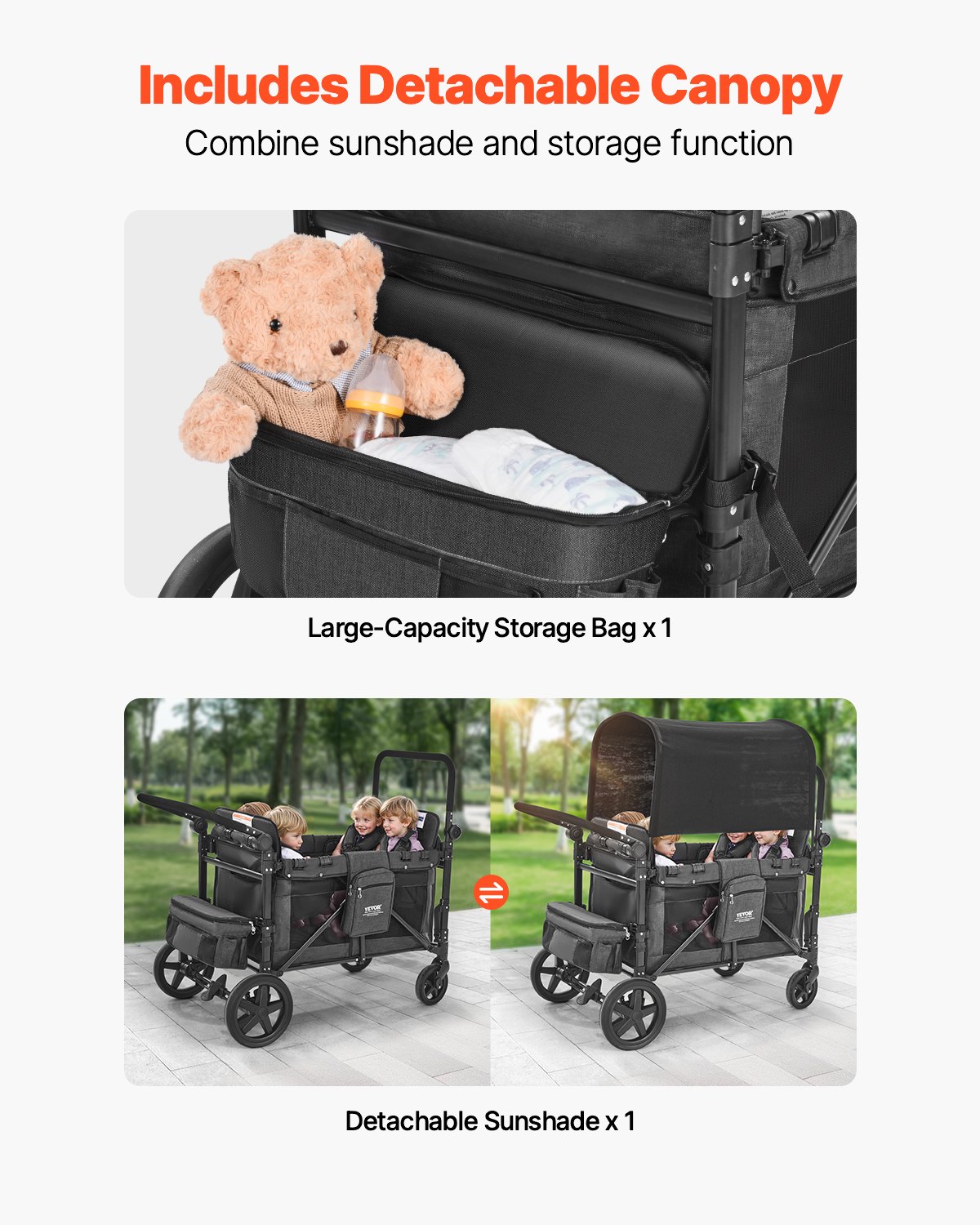 Wagon Stroller For 4 Kids Push Pull Quad Collapsible Stroller For Camping 330LBS photo 2