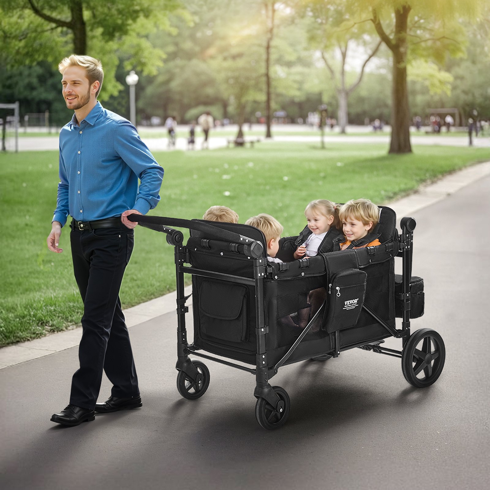 Wagon Stroller For 4 Kids Push Pull Quad Collapsible Stroller 330LBS Loading photo 2