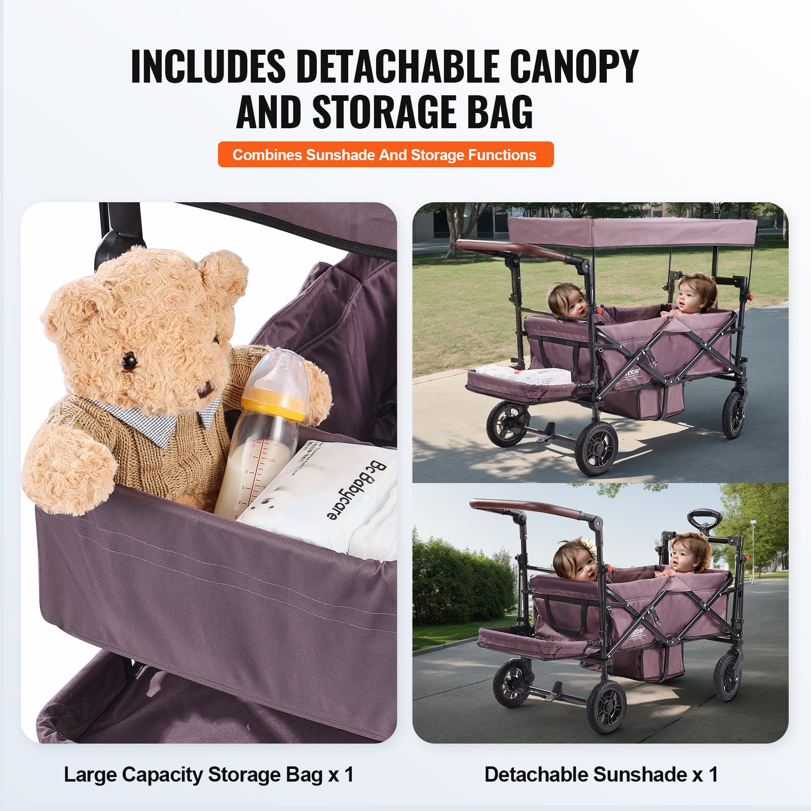 Wagon Stroller For 2 Kids, Push Pull Quad Collapsible Stroller With Adjustable Handle, Encircling Harness Removable Canopy,4 Wheels W/ Brakes,Mutifunction Tandem Stroller For Camping Dark Purple photo 4