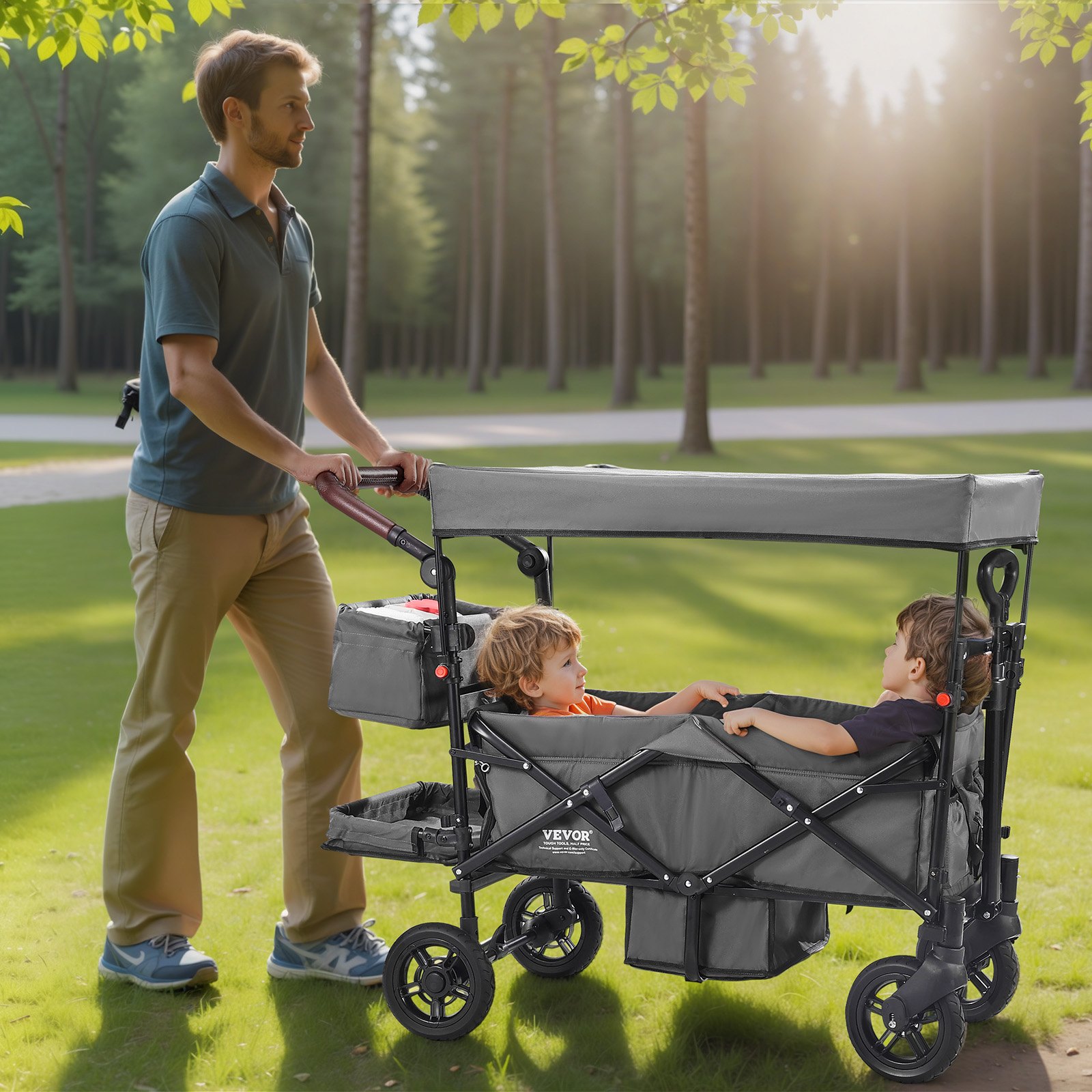 Wagon Stroller For 2 Kids, Push Pull Quad Collapsible Stroller With Adjustable Handle, Encircling Harness Removable Canopy, 4 Wheels W/ Brakes, Mutifunction Tandem Stroller For Camping Dark Grey photo 2