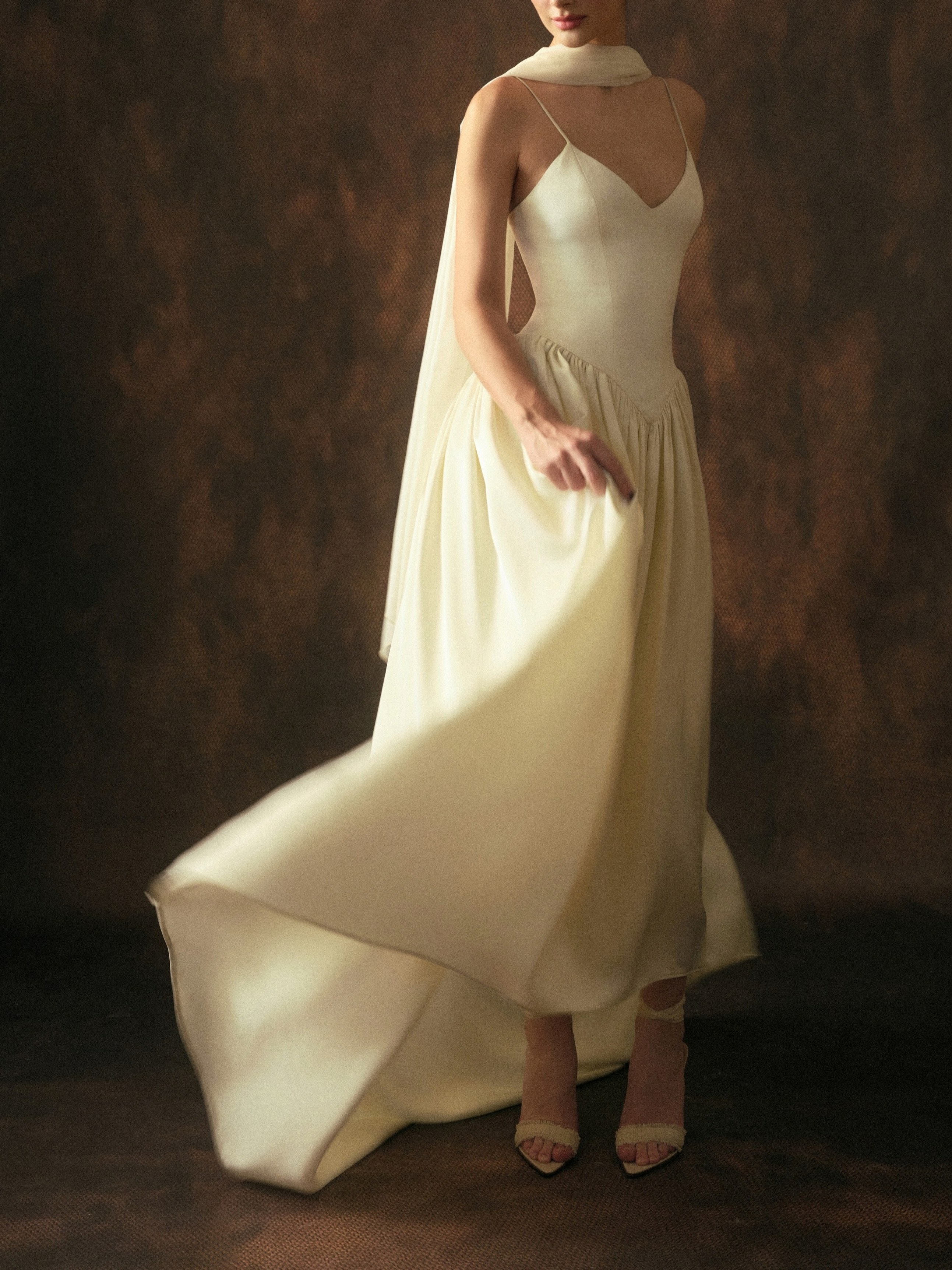 Satin Spaghetti Strap Wedding Evening Gown With Scarf photo 4