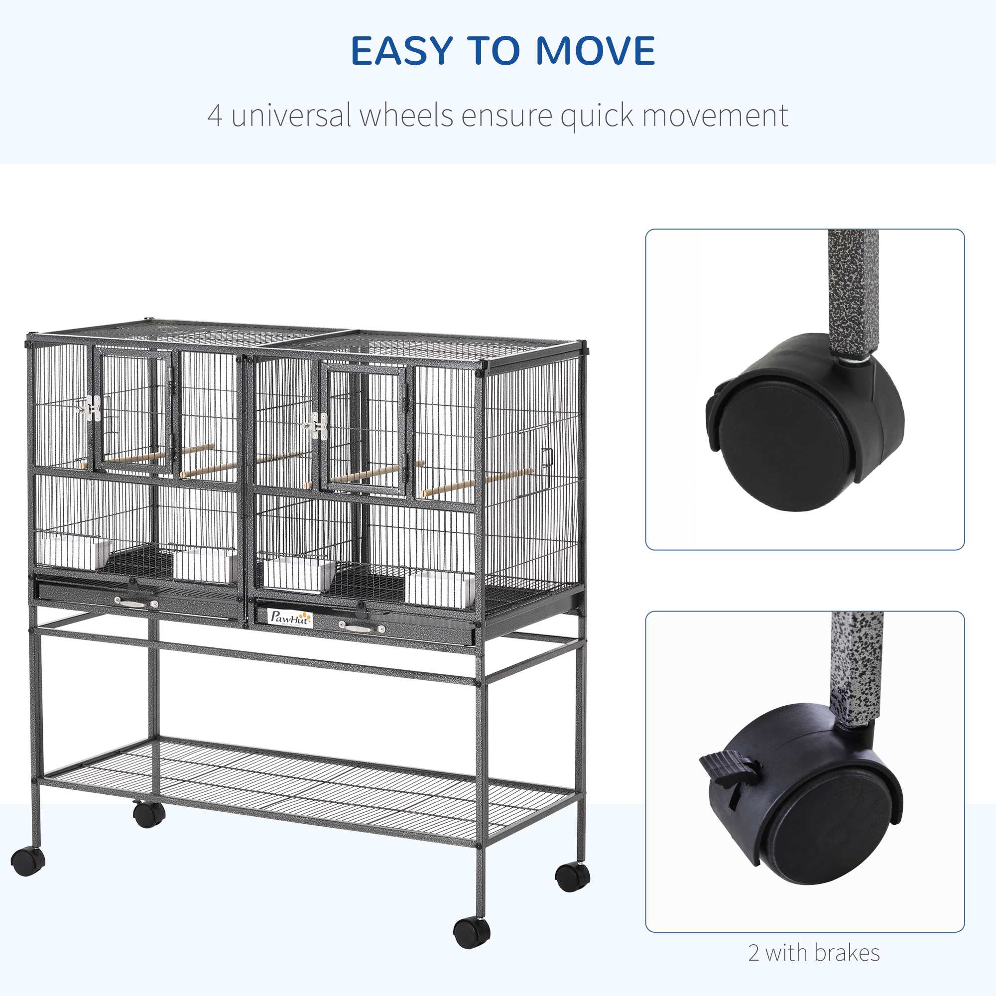  Divided Breeder Bird Cage with Rolling Stand Removable Metal Tray, Storage Shelf, Wood Perch, and Food Container photo 6
