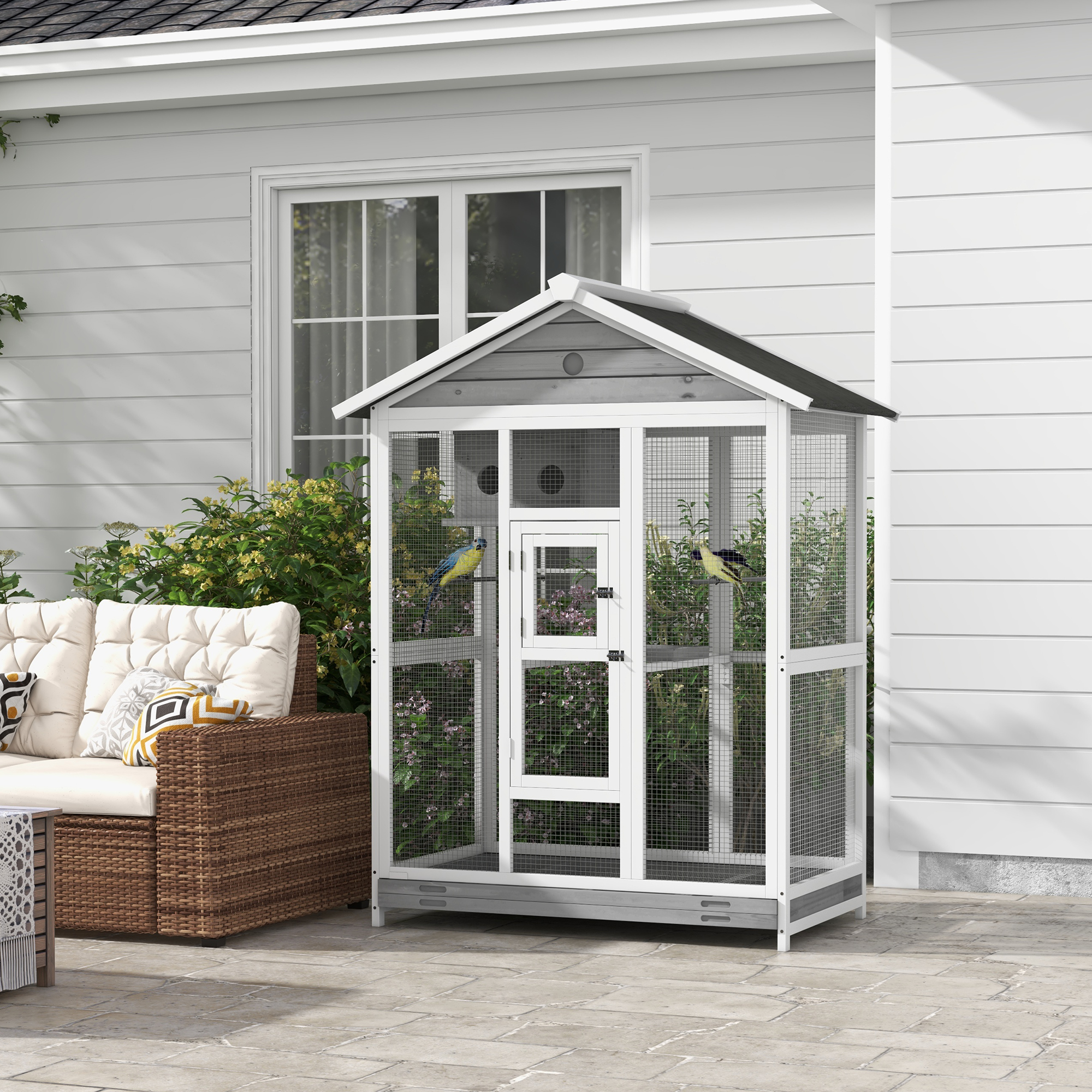 64.5" Wooden Bird Cage Aviary, Flight Cage with 4 Perches, Nest and Slide-Out Tray for Indoor/Outdoor, Gray photo 3