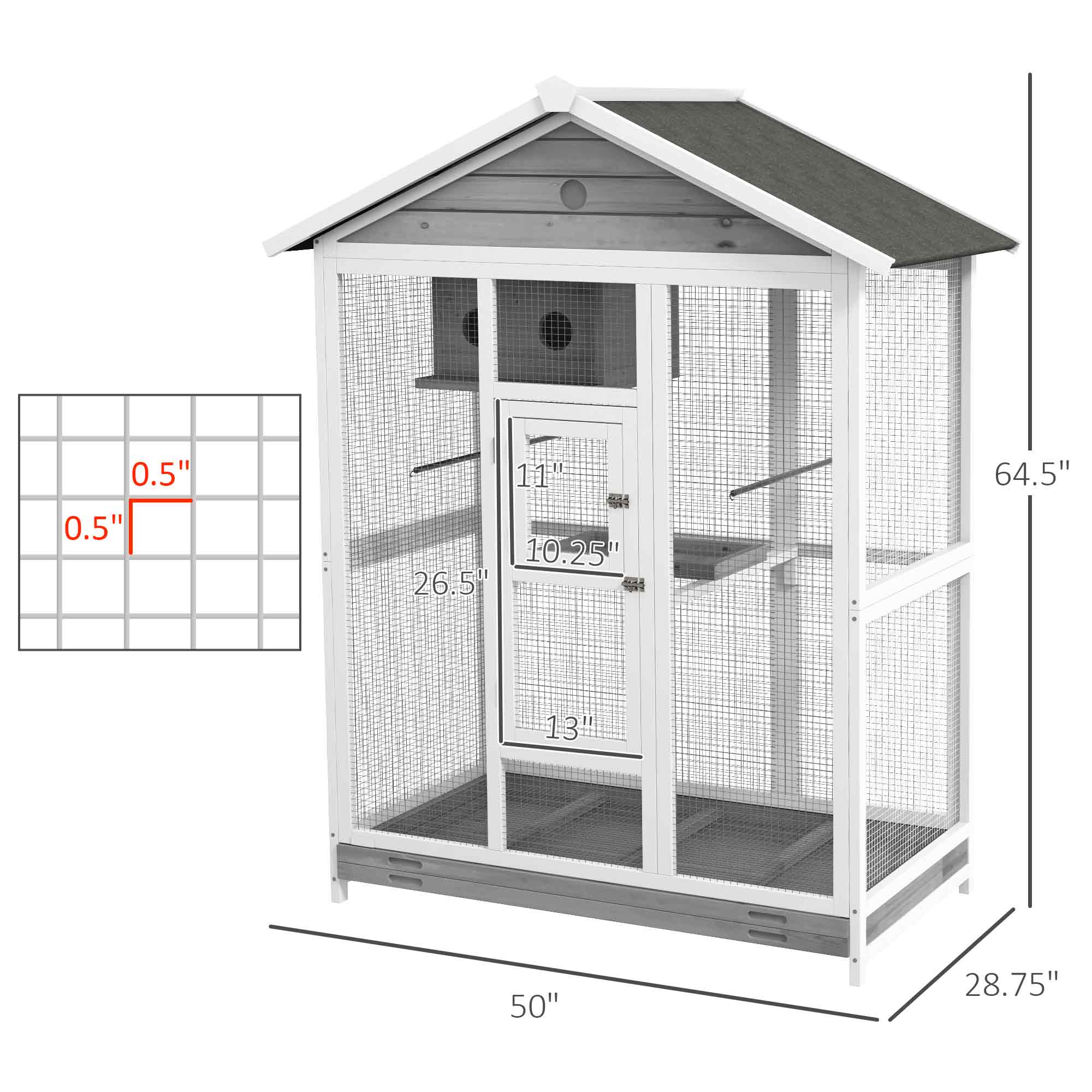 64.5" Wooden Bird Cage Aviary, Flight Cage with 4 Perches, Nest and Slide-Out Tray for Indoor/Outdoor, Gray photo 7