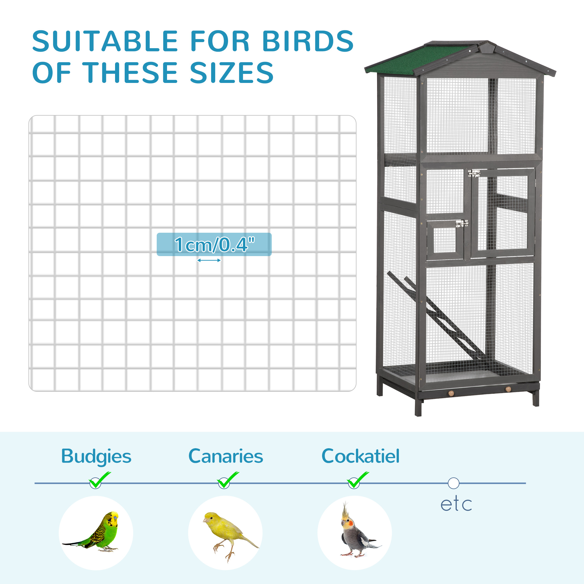 65" Wooden Bird Cage Outdoor Aviary House for Parrot, Parakeet, with Pull Out Tray and 2 Doors, Grey photo 7