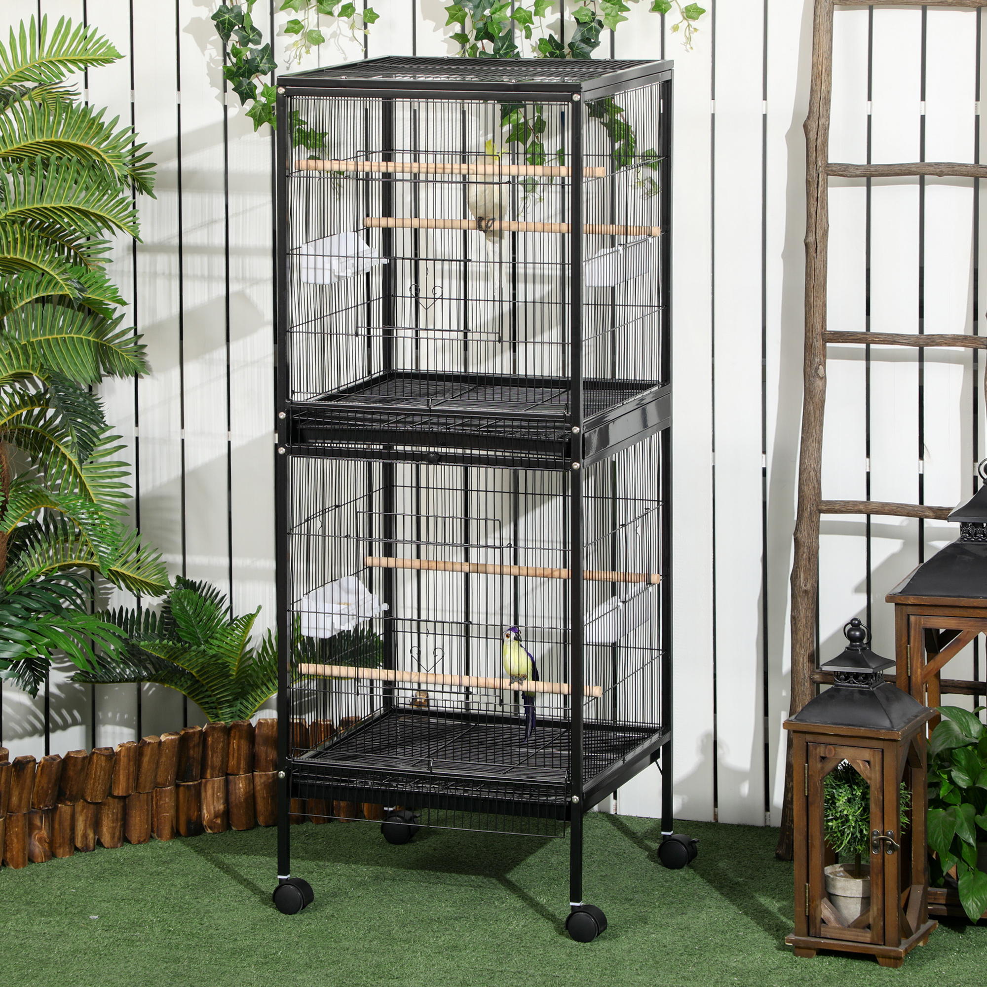 55" 2 In 1 Bird Cage Aviary Parakeet House for finches, budgies with Wheels, Black photo 5