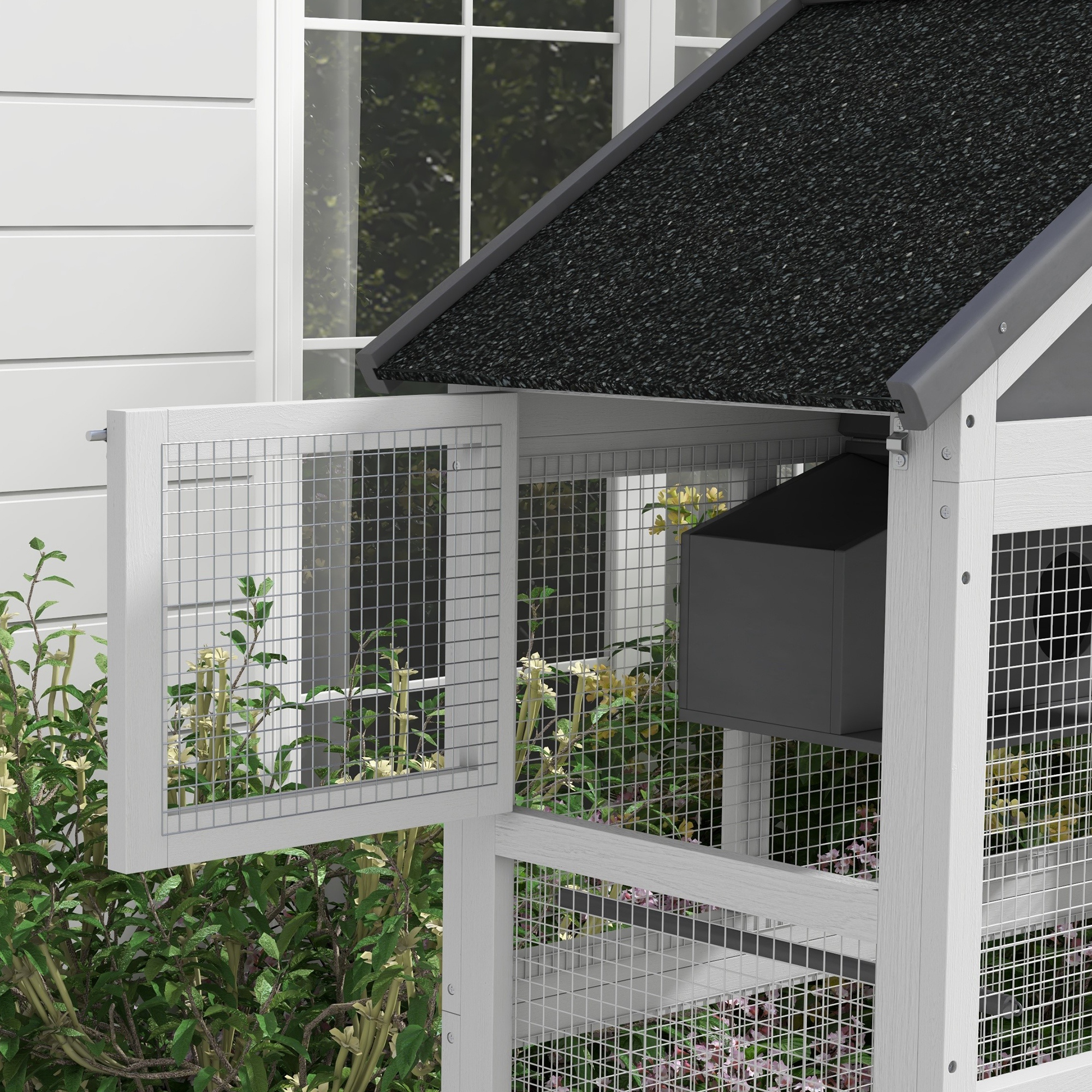 Wooden Bird Aviary with Slide-Out Tray, Birdhouse, Ladder, Perches for Finches, Parakeets, Gray photo 4