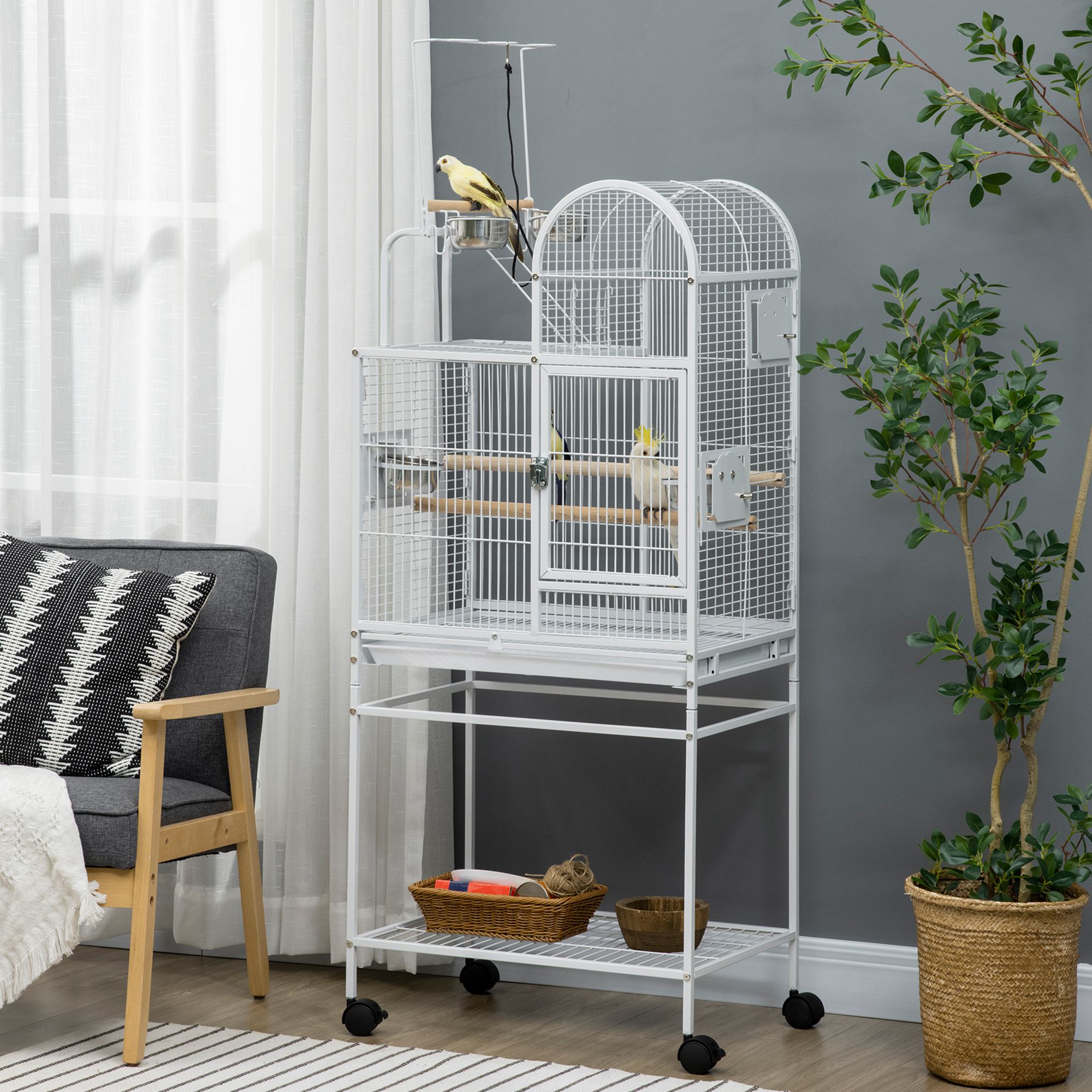 55" Large Parrot Cage with Toy Hooks Above Top Bird Perch, Tray, Food Cups, Rolling Stand, Bird Cage for Cockatiels, Parakeets, Lovebirds photo 4