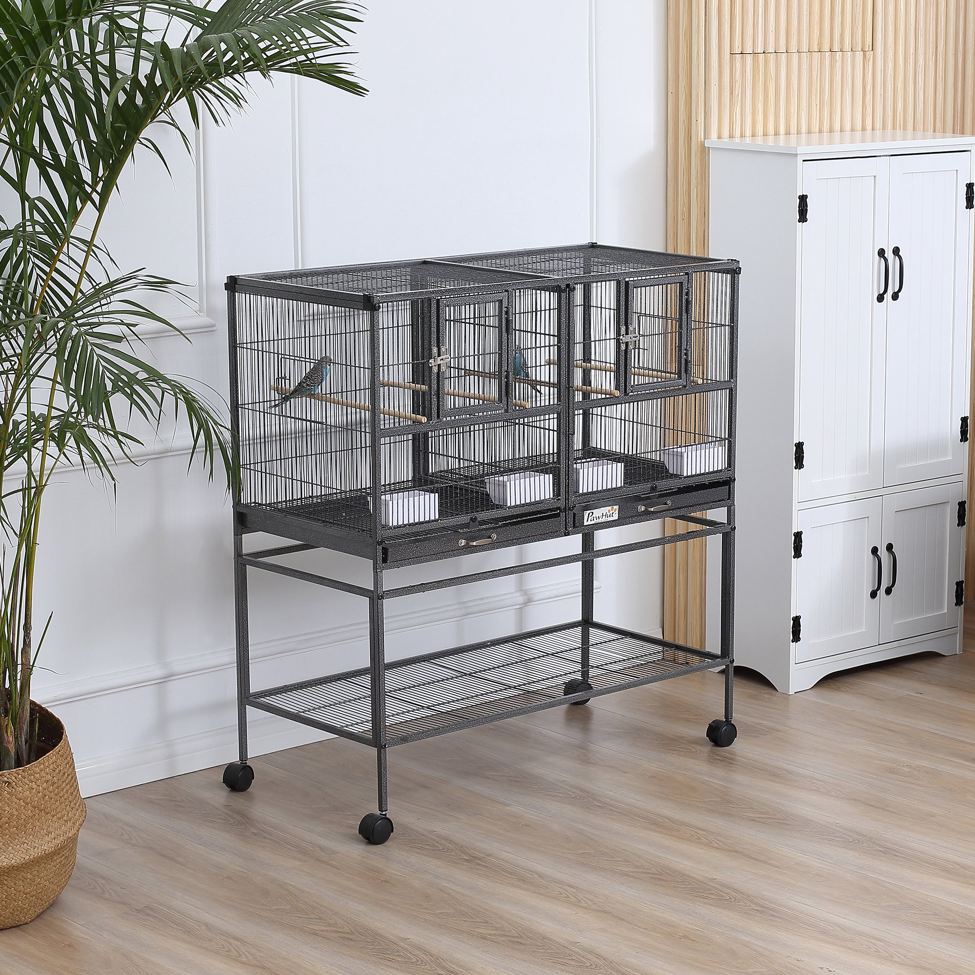  Divided Breeder Bird Cage with Rolling Stand Removable Metal Tray, Storage Shelf, Wood Perch, and Food Container photo 1