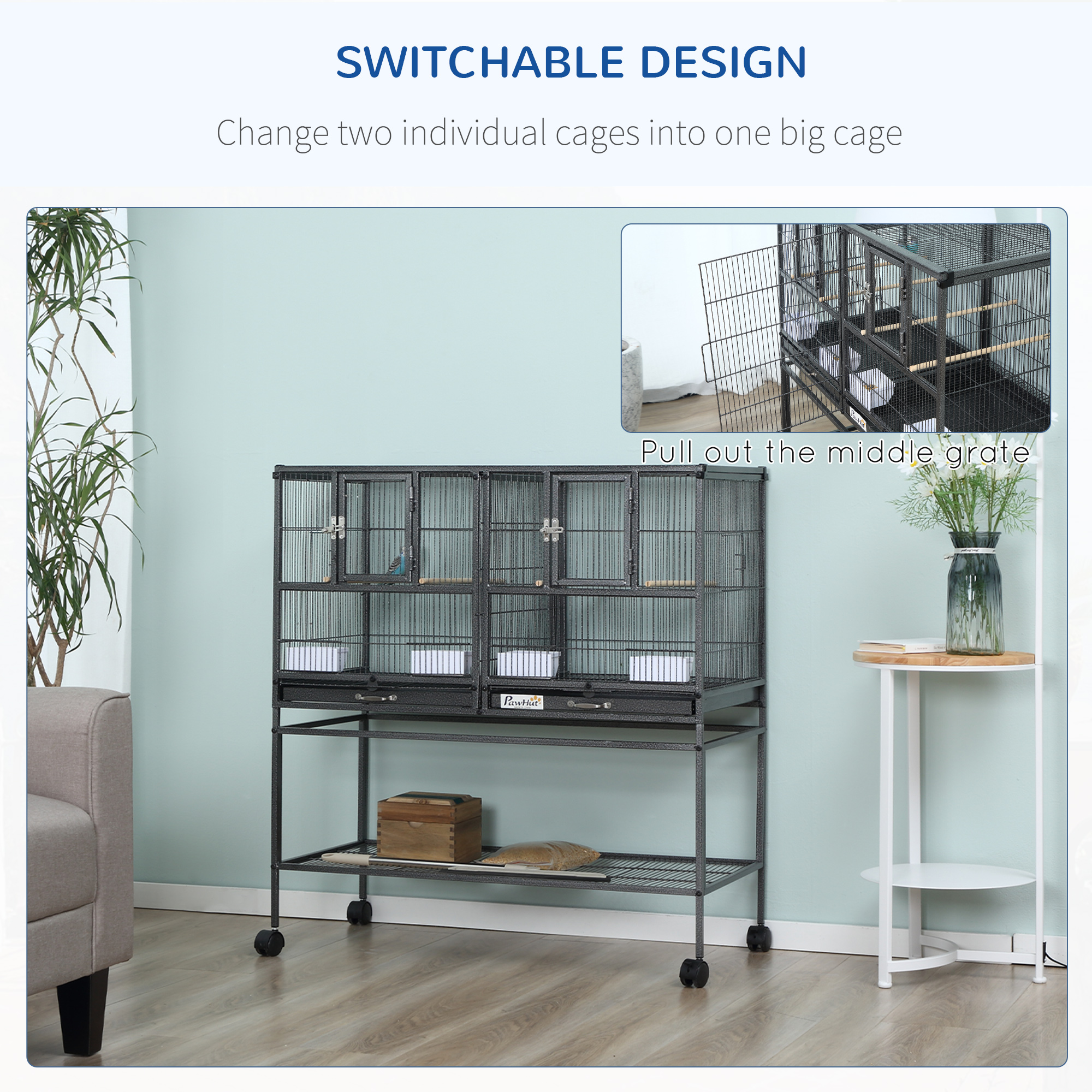  Divided Breeder Bird Cage with Rolling Stand Removable Metal Tray, Storage Shelf, Wood Perch, and Food Container photo 3