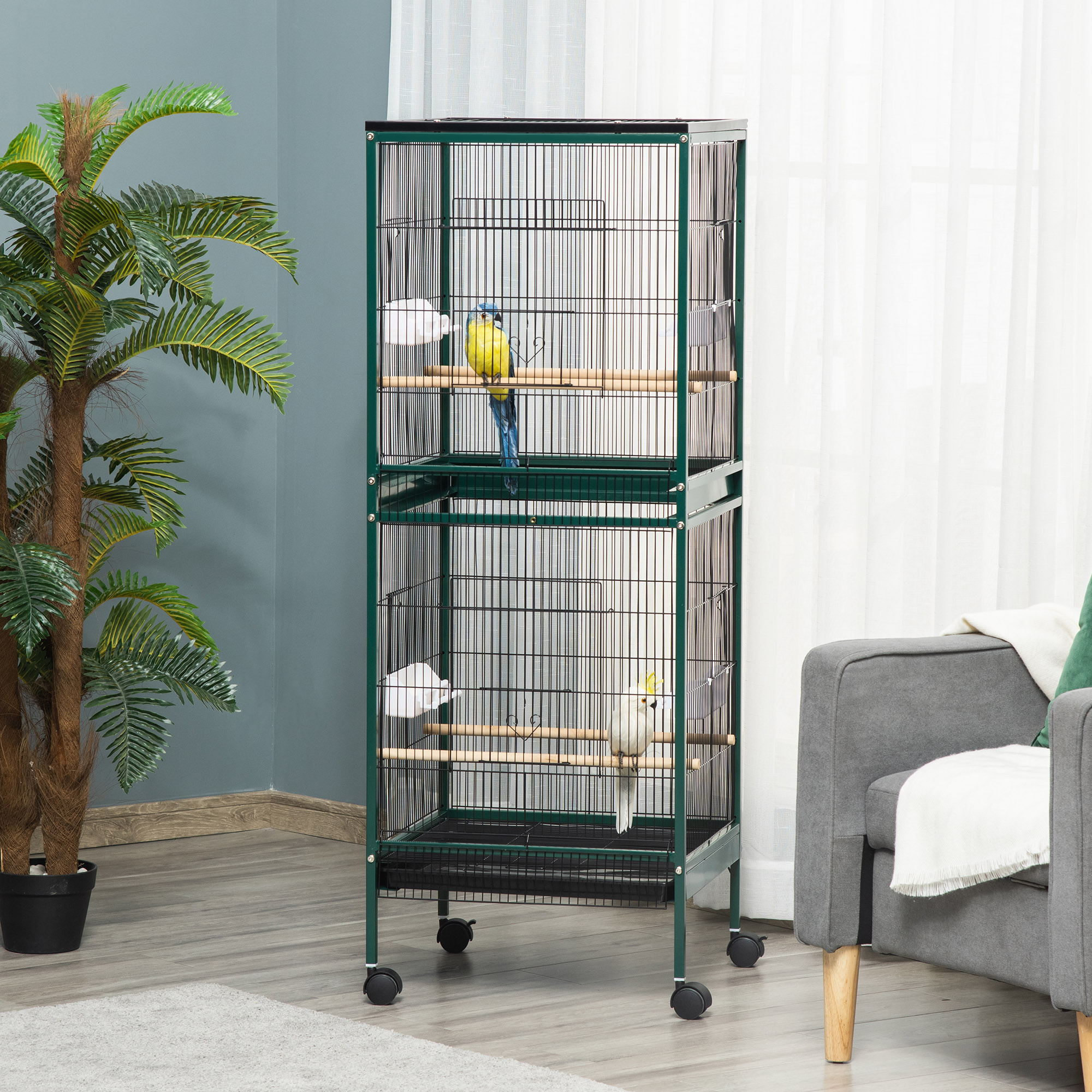 Large Bird Cage with 1.7 ft. Width for Wingspan, Bird Aviary Indoor with Multi-Door Design, Fit for a Canary, Finch, Conure, 55", Green photo 2
