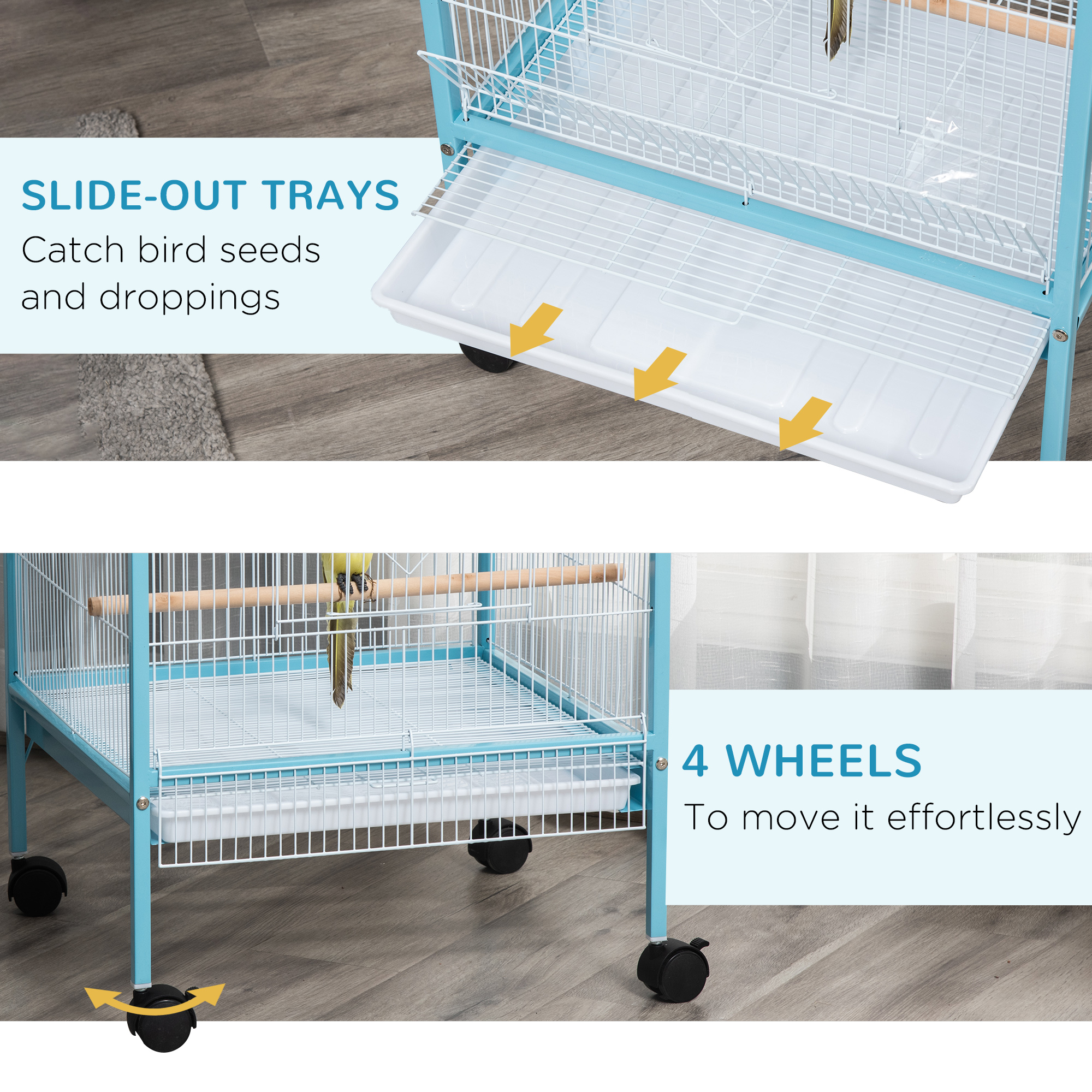 55" 2 In 1 Bird Cage Aviary Parakeet House for finches, budgies with Wheels, Light Blue photo 6