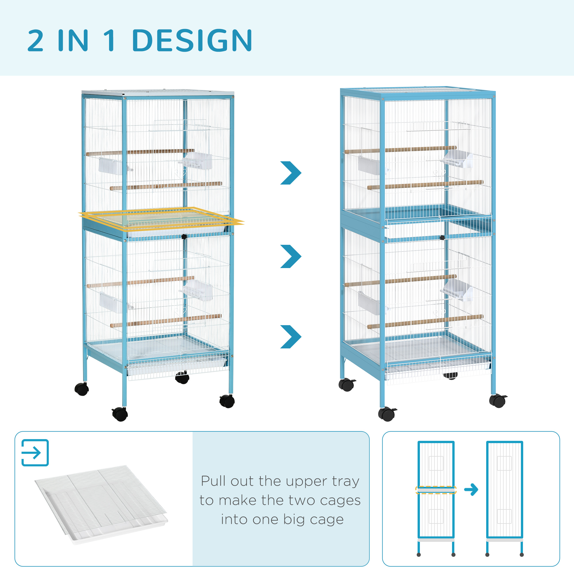55" 2 In 1 Bird Cage Aviary Parakeet House for finches, budgies with Wheels, Light Blue photo 7