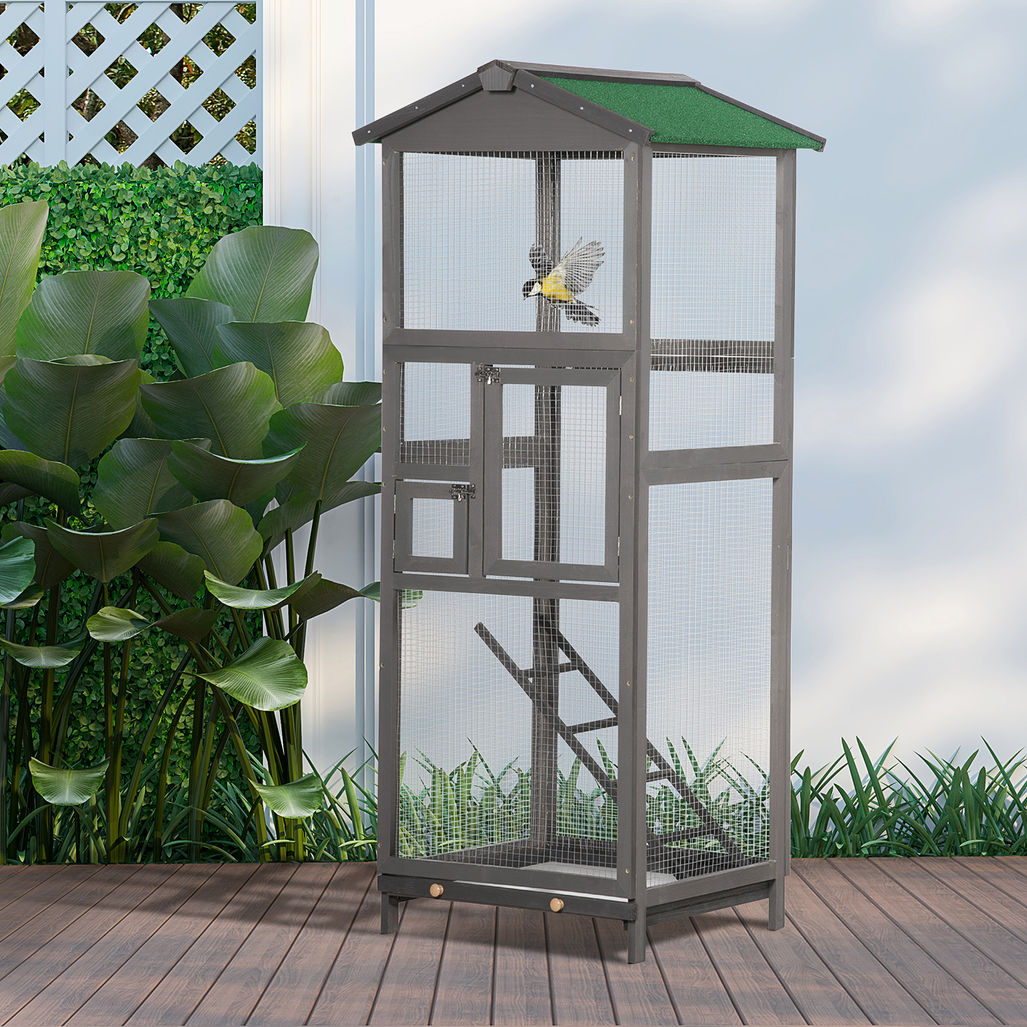 65" Wooden Bird Cage Outdoor Aviary House for Parrot, Parakeet, with Pull Out Tray and 2 Doors, Grey photo 6