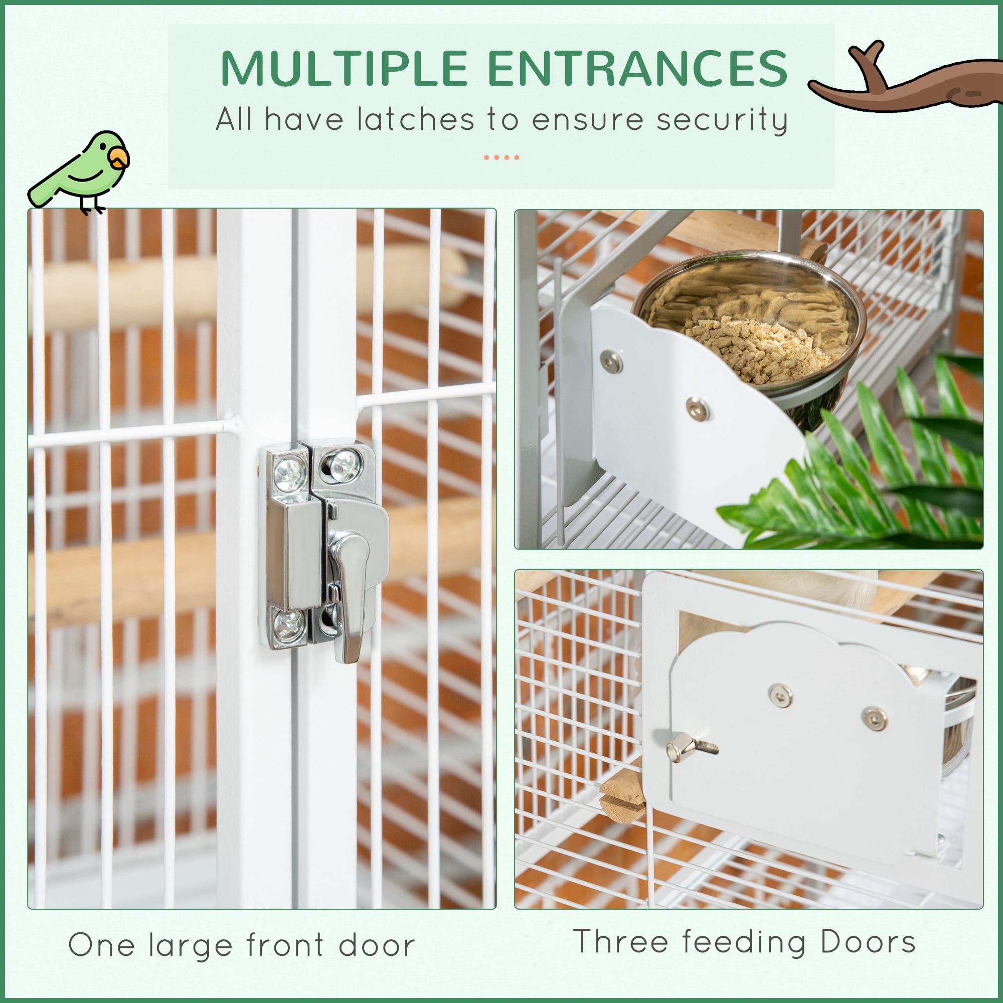 55" Large Parrot Cage with Toy Hooks Above Top Bird Perch, Tray, Food Cups, Rolling Stand, Bird Cage for Cockatiels, Parakeets, Lovebirds photo 7