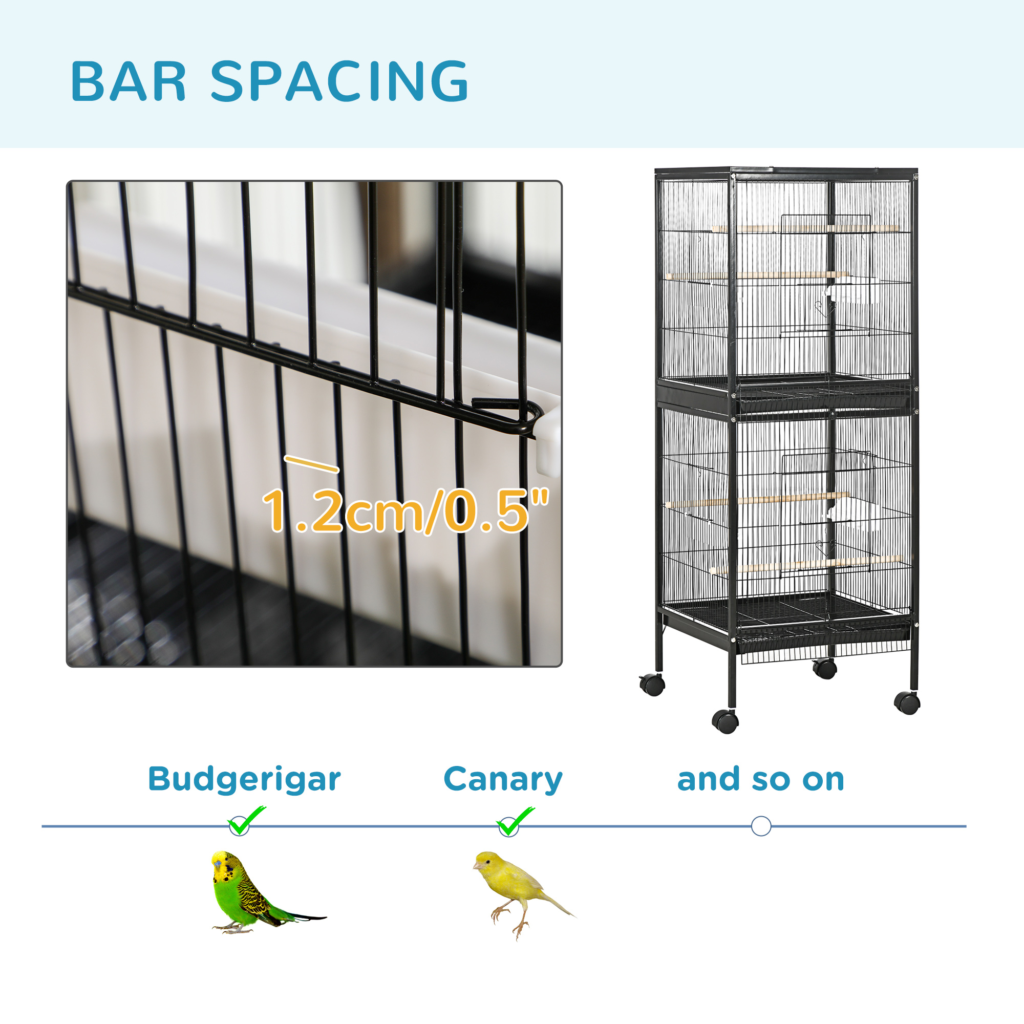 55" 2 In 1 Bird Cage Aviary Parakeet House for finches, budgies with Wheels, Black photo 6