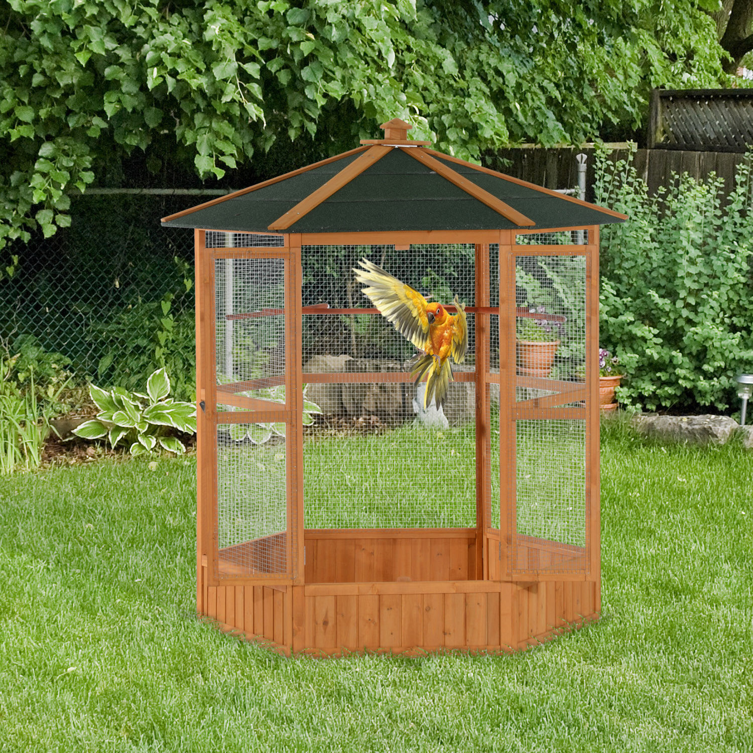 69" Wooden Hexagonal Outdoor Aviary Flight Bird Cage With Covered Roof, Brown photo 1