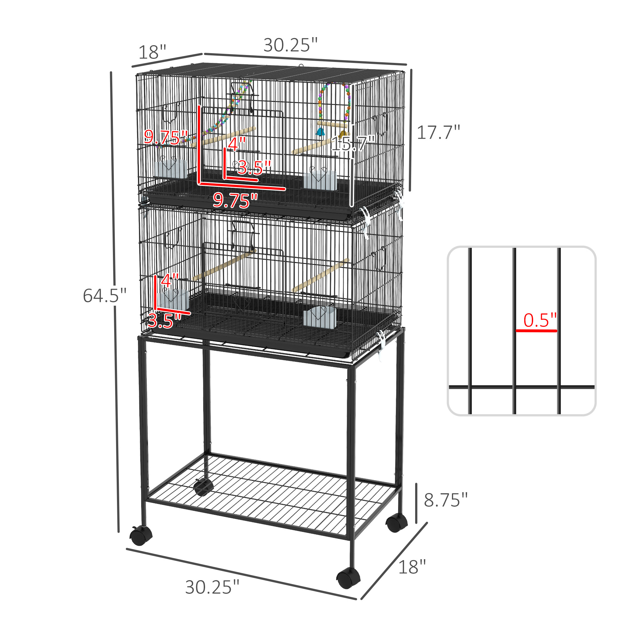 Double Stackable Bird Cage on Wheels w/ Stand, for Canaries photo 6