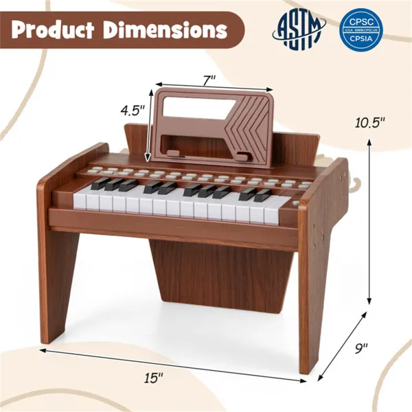 25 Keys Mini Digital Piano For Kids Age 3+, Lighted Teaching Mode With 6 Tones & 15 Demo Songs-Brown photo 5