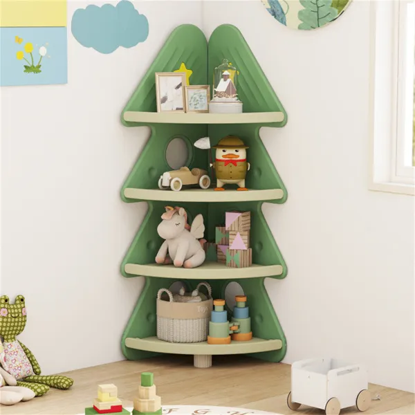 4-Tier Kids Christmas Tree Corner Bookshelf, Anti-Falling Guardrails & Anti-Tipping Kit For 3 Years photo 2