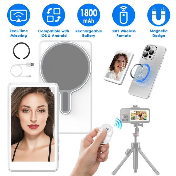 Vlog Selfie Monitor Screen Magnetic Rear Camera Phone Monitor Wireless Selfie Monitor Screen With 33FT Remote For Vlog Live Stream Compatible With IOS Android photo 1
