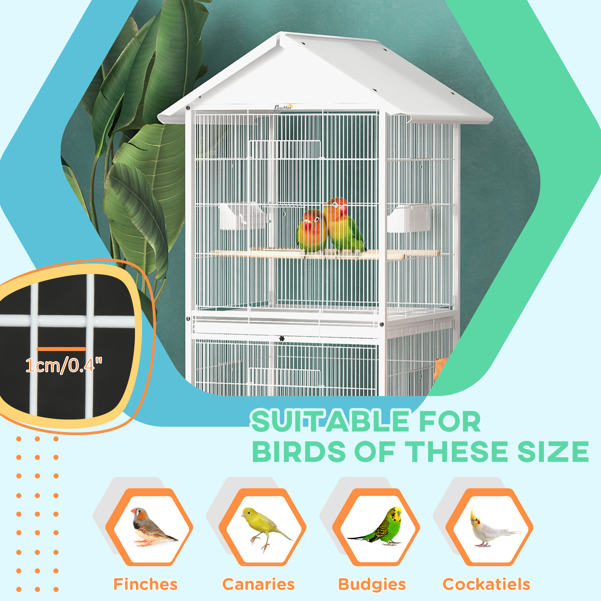 Wrought Metal Bird Cage Feeder with Rolling Stand Perches Food Containers Doors Wheels 67" H, White photo 4