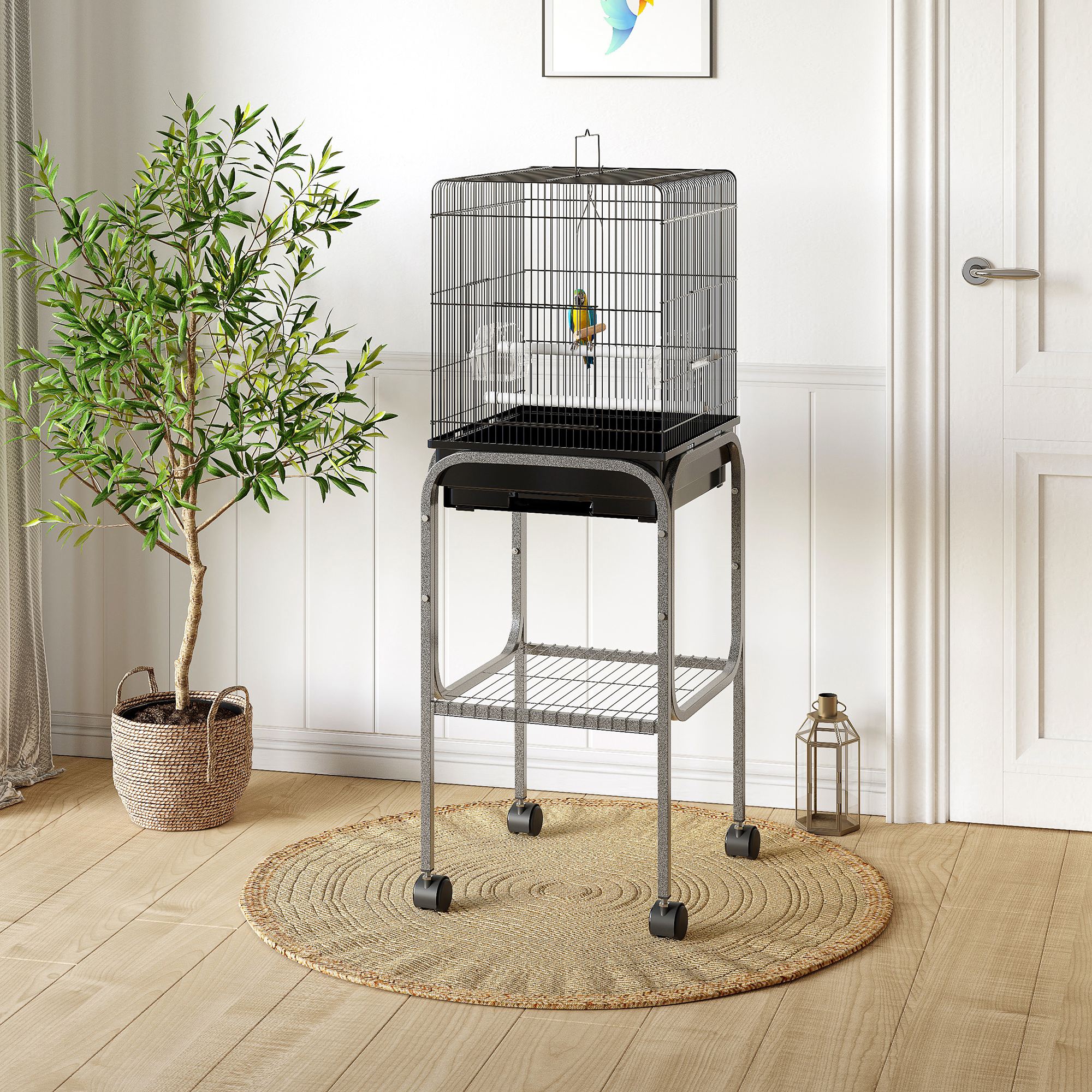 45-inch Metal Indoor Bird Cage, Parrot Cage, Bird Aviary with Detachable Rolling Stand, Storage Basket, and Accessories - Black photo 1