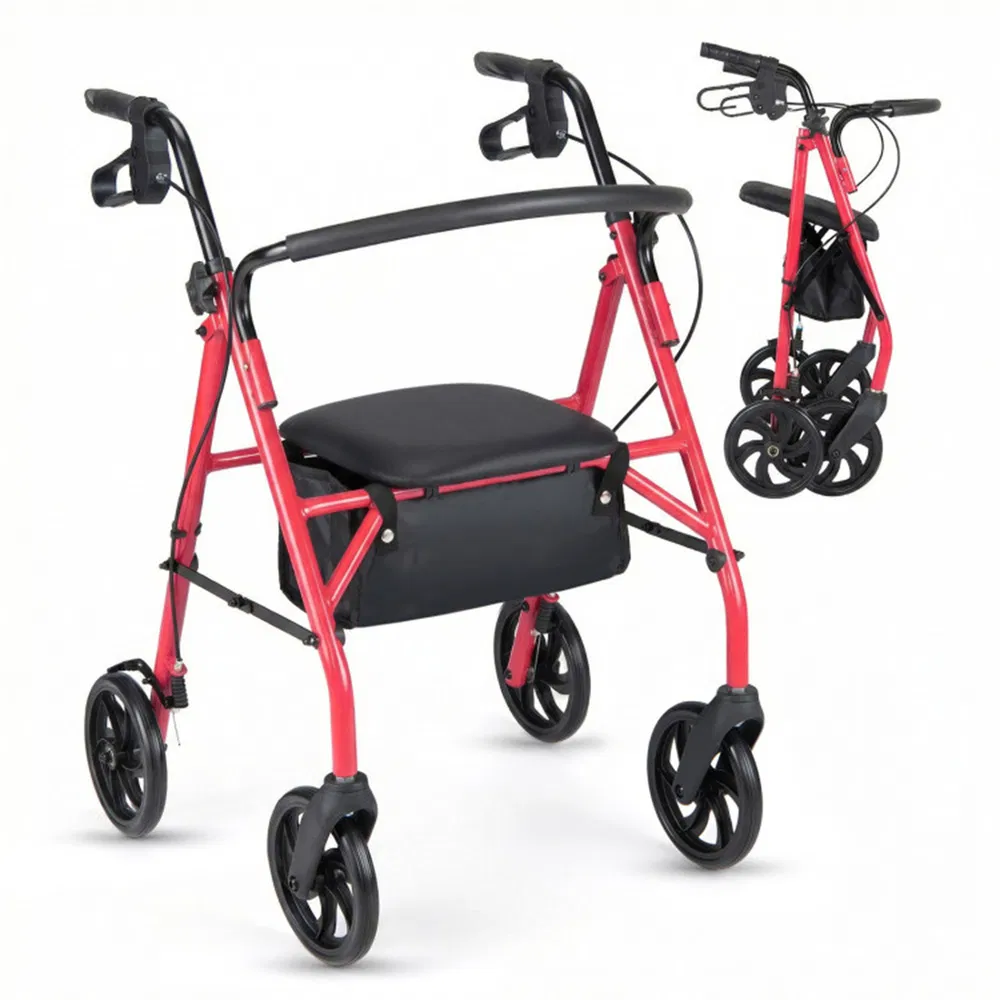 2-in-1 Rollator Walker With Seat (Red), 8-Inch Large Wheels & Versatile Braking System, Adjustable Height photo 2