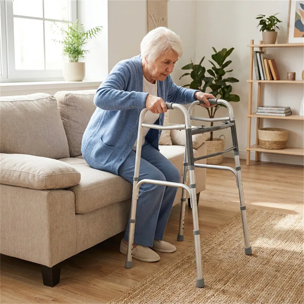 Silver Foldable Walker, 2-Button Folding Mechanism & 7-Level Adjustable Height (30"-36"), 350LBS Capacity photo 2
