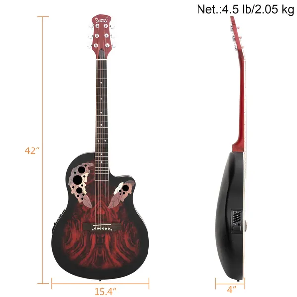 Don't Sell On Amazon - 41 Inch Full-Size Cutaway Acoustic-Electric Guitar Grape Voice Hole Spruce Top Round Back Sunset Red photo 5