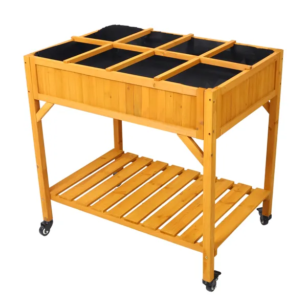 Elevated 8 Pocket Herb Garden Bed, Mobile Raised Customizable Wood Planter For Herbs, Vegetables, Flowers W/ Lockable Wheels, Storage Shelf, Drainage Holes photo 1