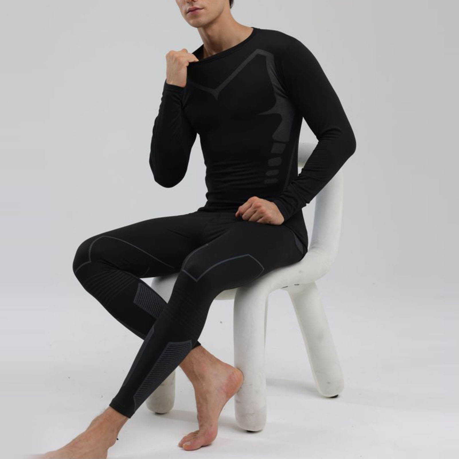 Men Thermal Underwear Set Shirt Pants Autumn Slim Fit Thermal Underwear Top Bottom Set Black S photo 3