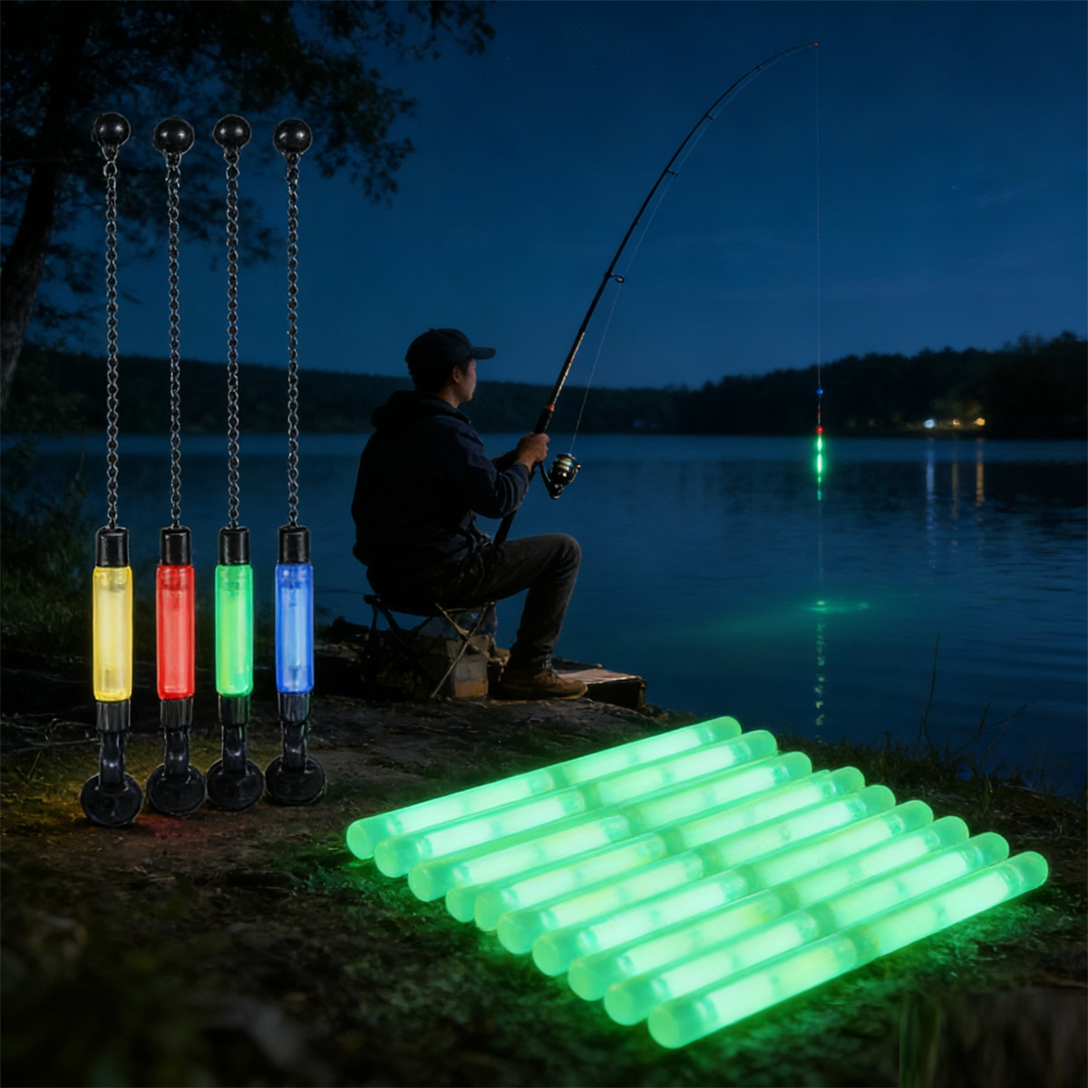 Night Fishing Set With 4 Swinger Floats In Blue, Red, Green, And Yellow, And 20 Floats For Anglers photo 1