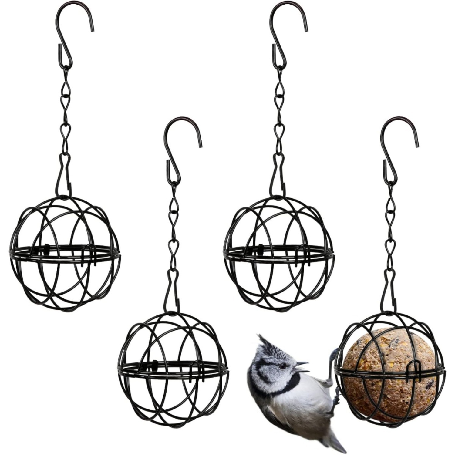 Set Of 4 Titmouse Suet Holder Bird Feeder Station For Hanging, Metal Bird Feeder With S-Shaped Hooks, Feeder For Wild Birds, Garden, Diameter 7 Cm, Black photo 1