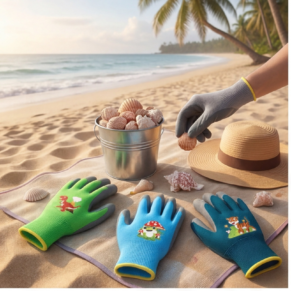 Set Of 3 Pairs Of Work Gloves, Ideal For The Beach And The Garden, For Collecting Shells And For Outdoor Activities; Also Suitable As Party Decorations photo 1