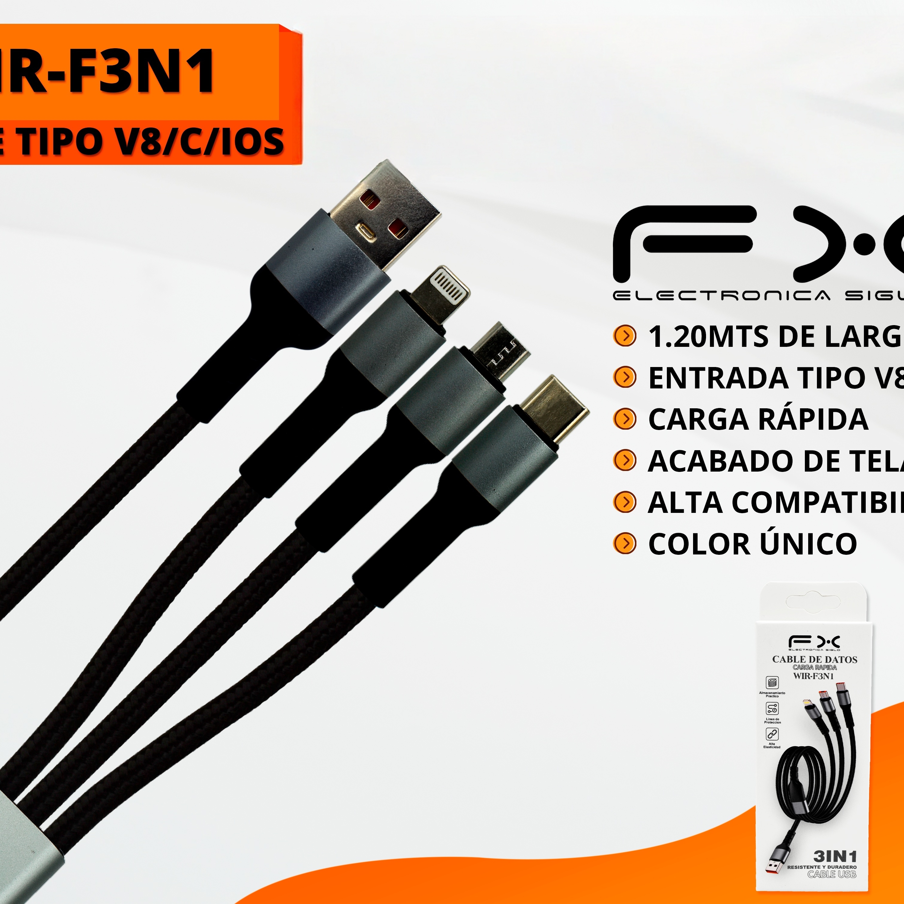 Three-in-one Data Cable V8type-cios Interface Fast Charging 1.2m photo 1